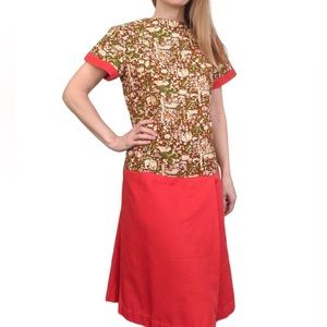 Vintage 60s Scooter Dress Folk Whimsy Forest Animal Scenic Print S